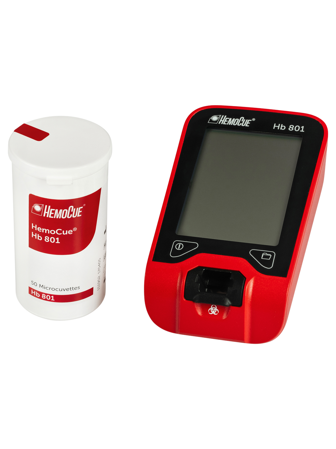 HemoCue<sup>®</sup> Hb 801 Analyzer (g/L. Rechargeable unit, inc. calculated HcT displayed). Order code 121922